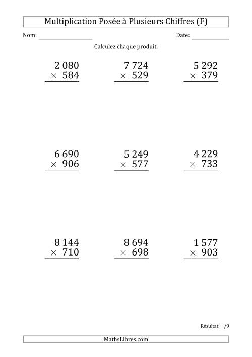 Multiplication d'un Nombre à 4 Chiffres par un Nombre à 3 Chiffres (Gros Caractère) avec une Espace comme Séparateur de Milliers (F)