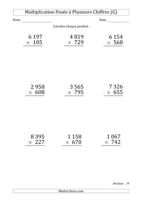 Multiplication d'un Nombre à 4 Chiffres par un Nombre à 3 Chiffres (Gros Caractère) avec une Espace comme Séparateur de Milliers (G)