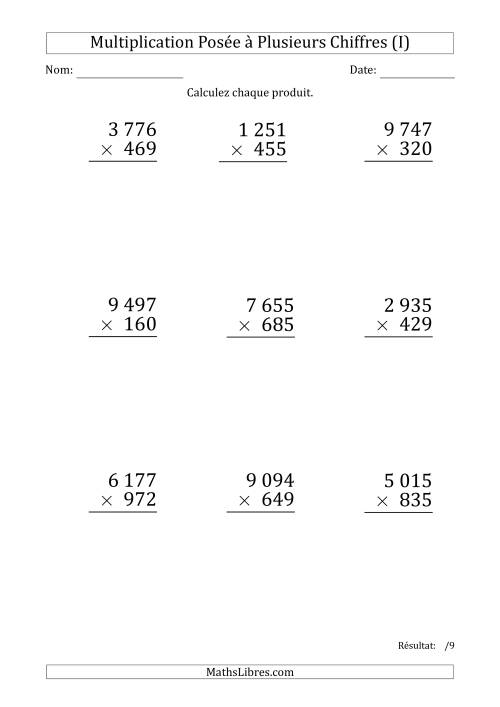 Multiplication d'un Nombre à 4 Chiffres par un Nombre à 3 Chiffres (Gros Caractère) avec une Espace comme Séparateur de Milliers (I)