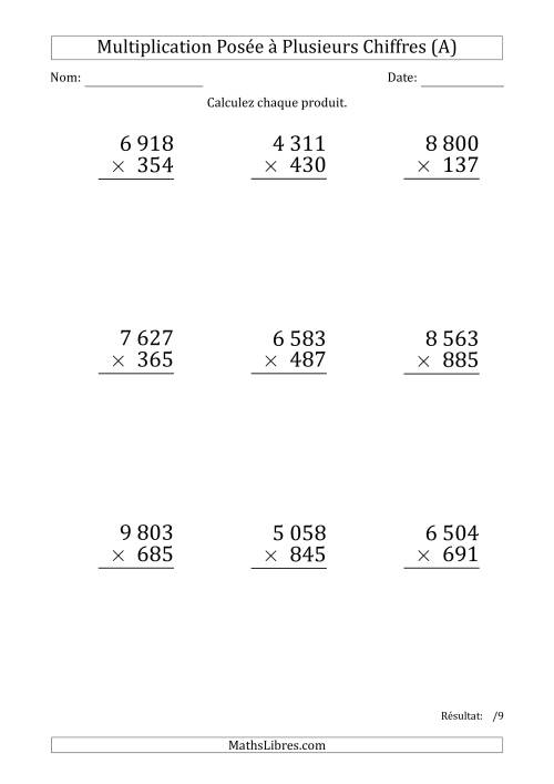 Multiplication d'un Nombre à 4 Chiffres par un Nombre à 3 Chiffres (Gros Caractère) avec une Espace comme Séparateur de Milliers (Tout)
