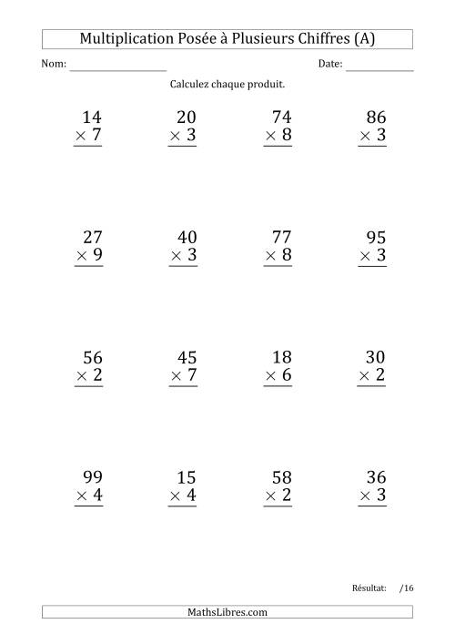 Multiplication d'un Nombre à 2 Chiffres par un Nombre à 1 Chiffre (Gros Caractère) avec un Point comme Séparateur de Milliers (A)