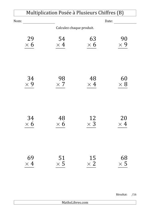 Multiplication d'un Nombre à 2 Chiffres par un Nombre à 1 Chiffre (Gros Caractère) avec un Point comme Séparateur de Milliers (B)