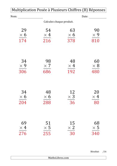 Multiplication d'un Nombre à 2 Chiffres par un Nombre à 1 Chiffre (Gros Caractère) avec un Point comme Séparateur de Milliers (B) page 2