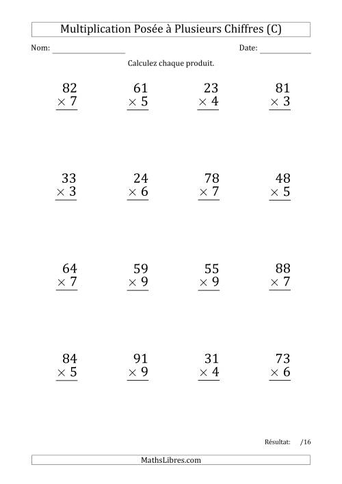 Multiplication d'un Nombre à 2 Chiffres par un Nombre à 1 Chiffre (Gros Caractère) avec un Point comme Séparateur de Milliers (C)