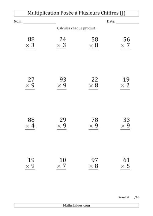 Multiplication d'un Nombre à 2 Chiffres par un Nombre à 1 Chiffre (Gros Caractère) avec un Point comme Séparateur de Milliers (J)