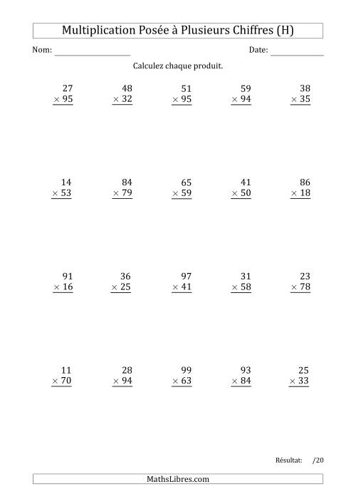 Multiplication d'un Nombre à 2 Chiffres par un Nombre à 2 Chiffres avec une Espace comme Séparateur de Milliers (H)
