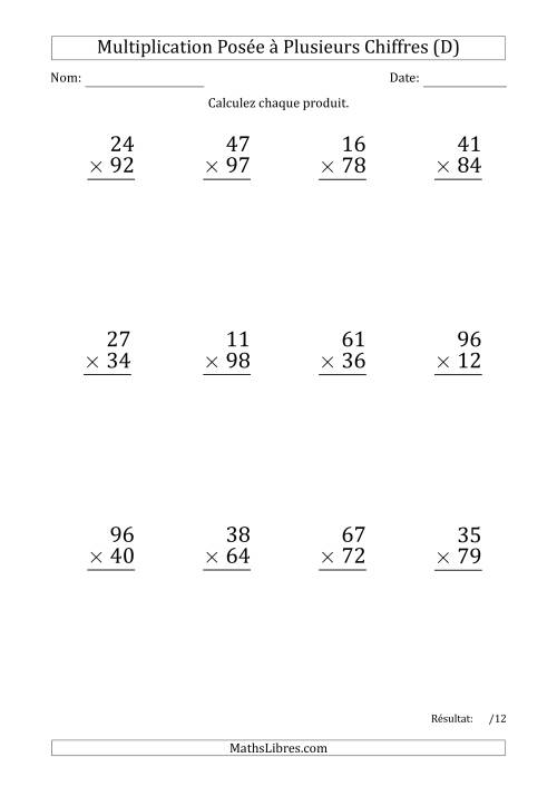 Multiplication d'un Nombre à 2 Chiffres par un Nombre à 2 Chiffres (Gros Caractère) avec une Espace comme Séparateur de Milliers (D)
