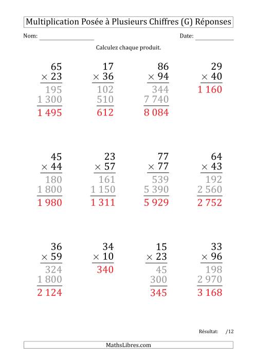 Multiplication d'un Nombre à 2 Chiffres par un Nombre à 2 Chiffres (Gros Caractère) avec une Espace comme Séparateur de Milliers (G) page 2