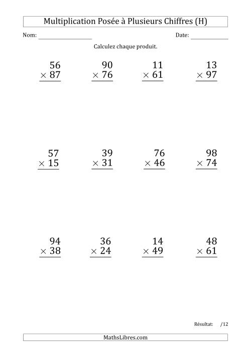 Multiplication d'un Nombre à 2 Chiffres par un Nombre à 2 Chiffres (Gros Caractère) avec une Espace comme Séparateur de Milliers (H)