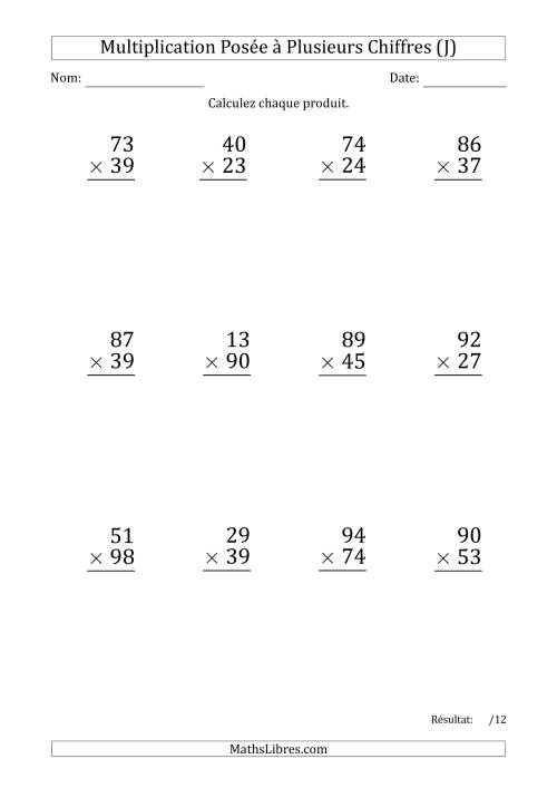 Multiplication d'un Nombre à 2 Chiffres par un Nombre à 2 Chiffres (Gros Caractère) avec une Espace comme Séparateur de Milliers (J)
