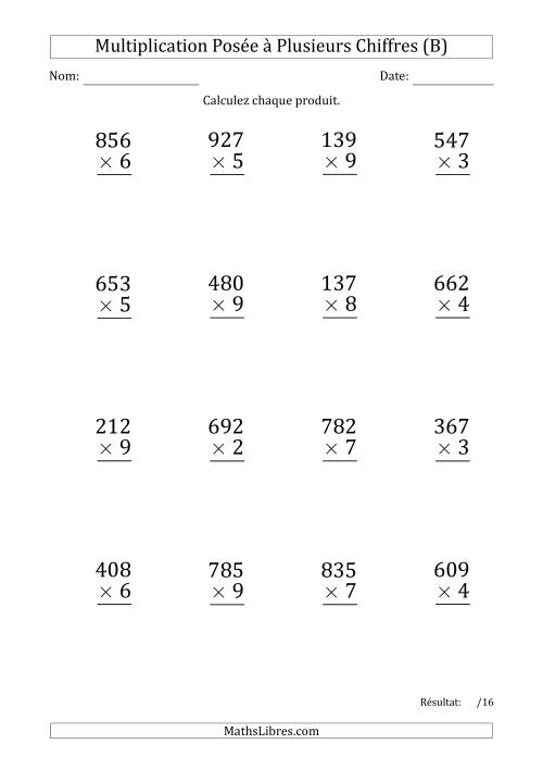 Multiplication d'un Nombre à 3 Chiffres par un Nombre à 1 Chiffre (Gros Caractère) avec une Espace comme Séparateur de Milliers (B)