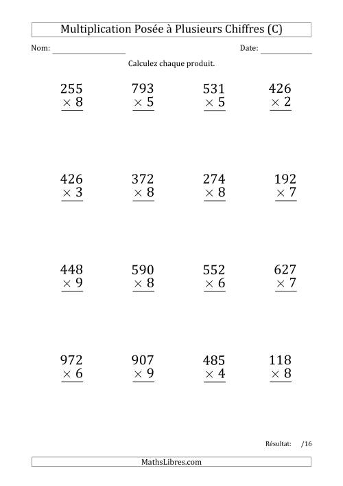 Multiplication d'un Nombre à 3 Chiffres par un Nombre à 1 Chiffre (Gros Caractère) avec une Espace comme Séparateur de Milliers (C)