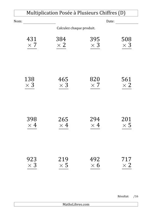 Multiplication d'un Nombre à 3 Chiffres par un Nombre à 1 Chiffre (Gros Caractère) avec une Espace comme Séparateur de Milliers (D)