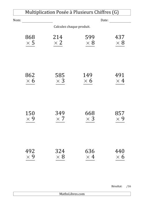 Multiplication d'un Nombre à 3 Chiffres par un Nombre à 1 Chiffre (Gros Caractère) avec une Espace comme Séparateur de Milliers (G)