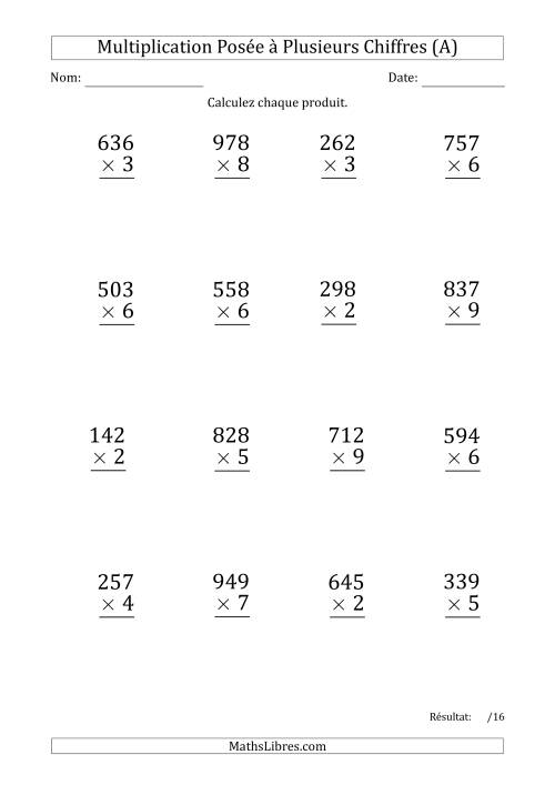 Multiplication d'un Nombre à 3 Chiffres par un Nombre à 1 Chiffre (Gros Caractère) avec une Espace comme Séparateur de Milliers (Tout)