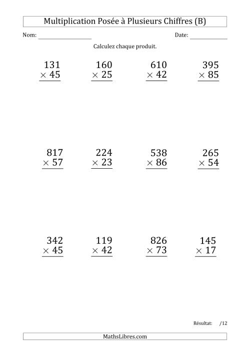 Multiplication d'un Nombre à 3 Chiffres par un Nombre à 2 Chiffres (Gros Caractère) avec une Espace comme Séparateur de Milliers (B)