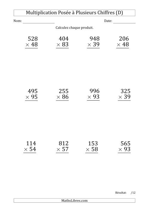 Multiplication d'un Nombre à 3 Chiffres par un Nombre à 2 Chiffres (Gros Caractère) avec une Espace comme Séparateur de Milliers (D)