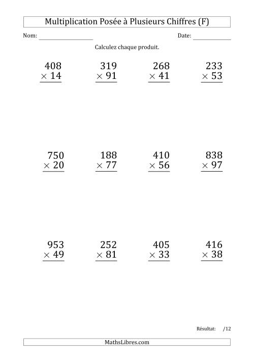 Multiplication d'un Nombre à 3 Chiffres par un Nombre à 2 Chiffres (Gros Caractère) avec une Espace comme Séparateur de Milliers (F)