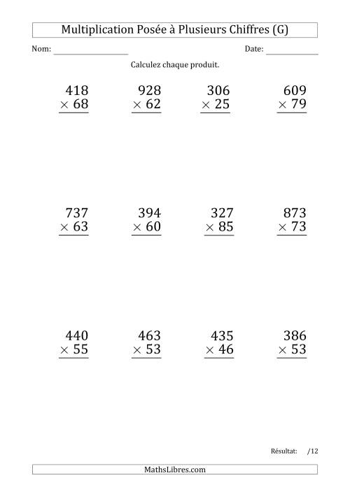Multiplication d'un Nombre à 3 Chiffres par un Nombre à 2 Chiffres (Gros Caractère) avec une Espace comme Séparateur de Milliers (G)