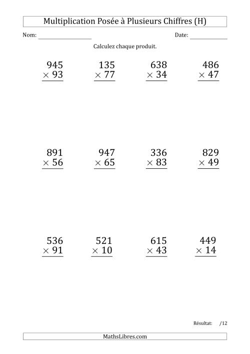 Multiplication d'un Nombre à 3 Chiffres par un Nombre à 2 Chiffres (Gros Caractère) avec une Espace comme Séparateur de Milliers (H)