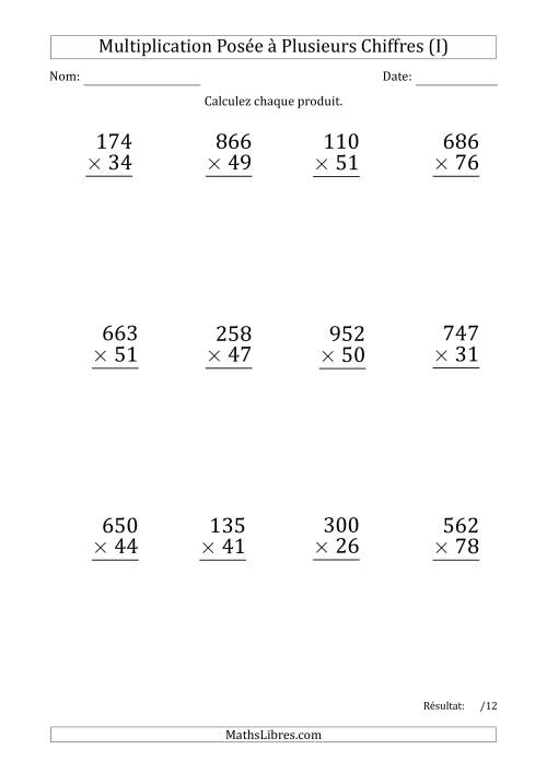 Multiplication d'un Nombre à 3 Chiffres par un Nombre à 2 Chiffres (Gros Caractère) avec une Espace comme Séparateur de Milliers (I)