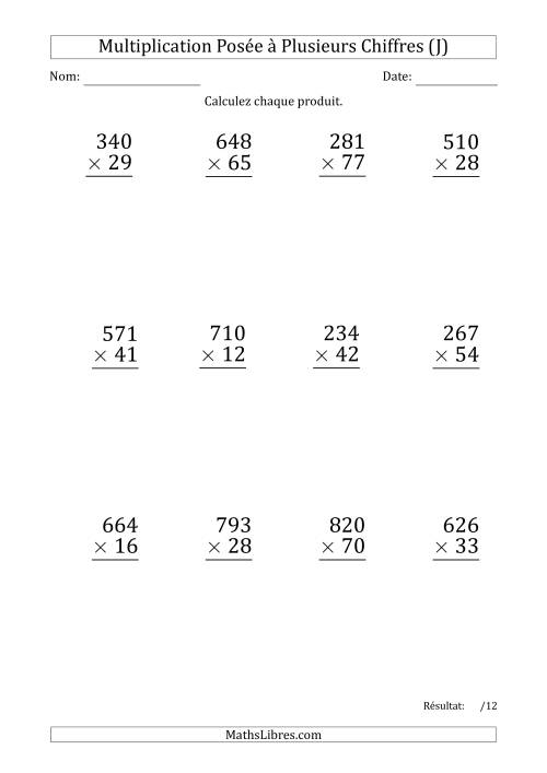 Multiplication d'un Nombre à 3 Chiffres par un Nombre à 2 Chiffres (Gros Caractère) avec une Espace comme Séparateur de Milliers (J)