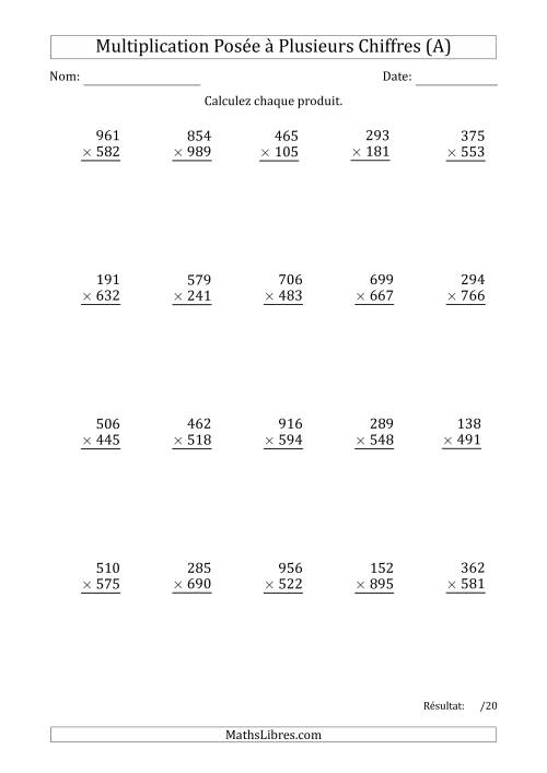 Multiplication d'un Nombre à 3 Chiffres par un Nombre à 3 Chiffres avec une Espace comme Séparateur de Milliers (A)