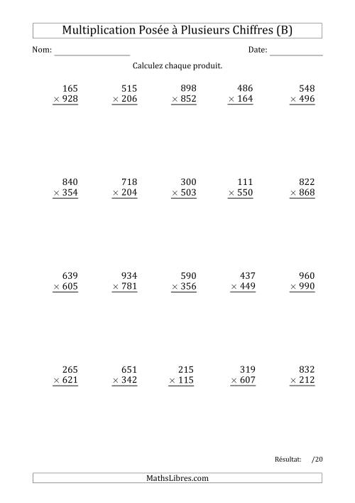 Multiplication d'un Nombre à 3 Chiffres par un Nombre à 3 Chiffres avec une Espace comme Séparateur de Milliers (B)