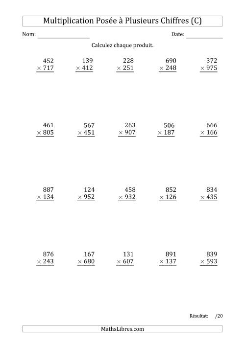 Multiplication d'un Nombre à 3 Chiffres par un Nombre à 3 Chiffres avec une Espace comme Séparateur de Milliers (C)