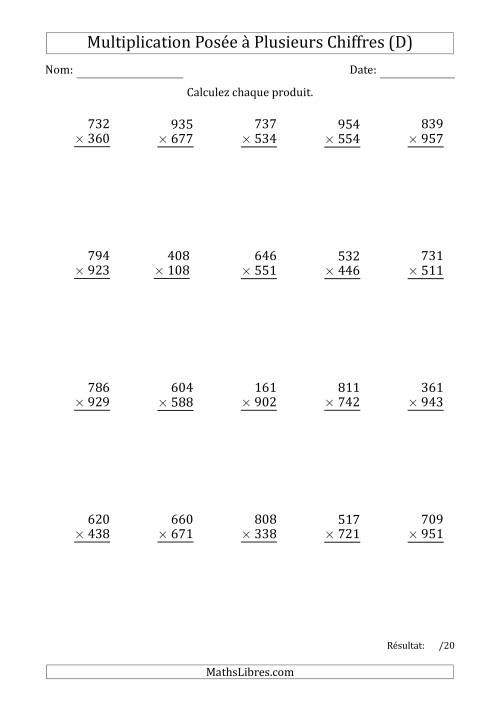 Multiplication d'un Nombre à 3 Chiffres par un Nombre à 3 Chiffres avec une Espace comme Séparateur de Milliers (D)
