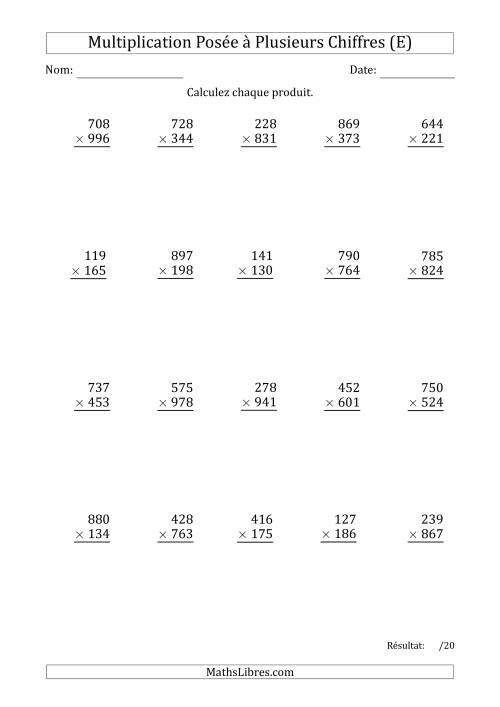 Multiplication d'un Nombre à 3 Chiffres par un Nombre à 3 Chiffres avec une Espace comme Séparateur de Milliers (E)