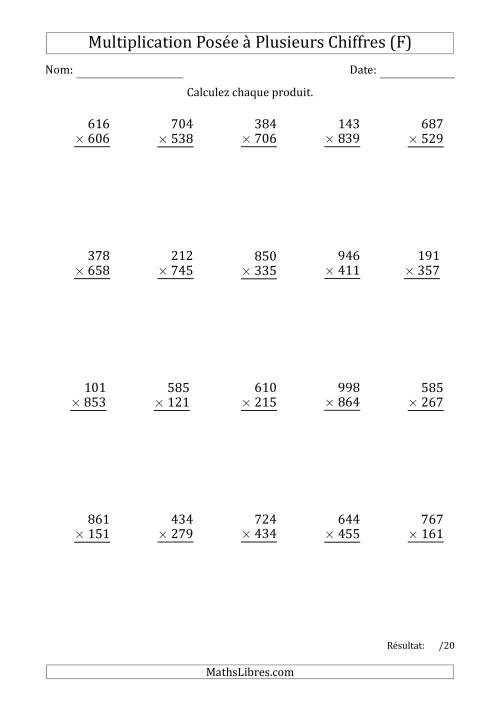 Multiplication d'un Nombre à 3 Chiffres par un Nombre à 3 Chiffres avec une Espace comme Séparateur de Milliers (F)