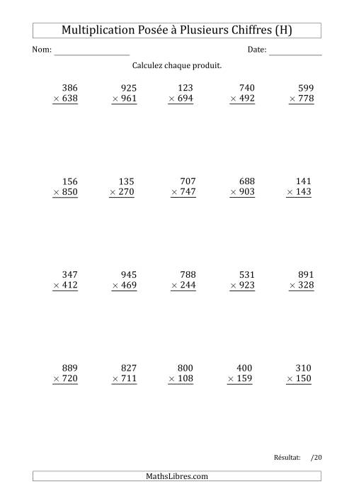 Multiplication d'un Nombre à 3 Chiffres par un Nombre à 3 Chiffres avec une Espace comme Séparateur de Milliers (H)
