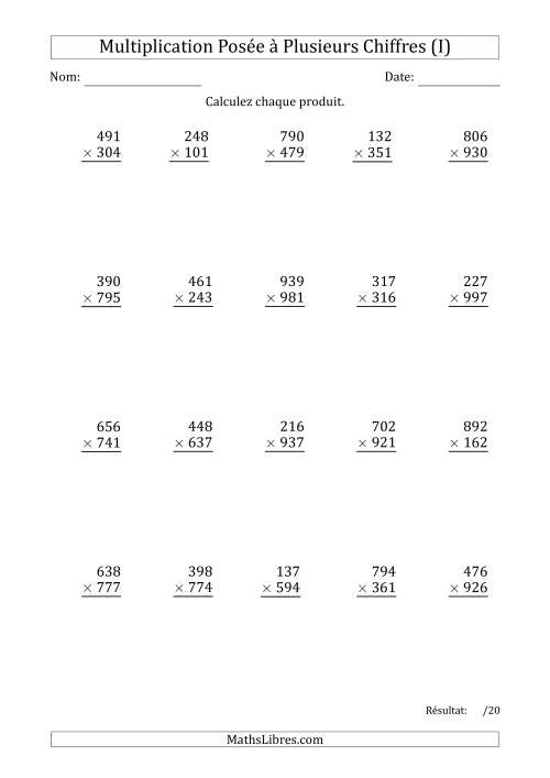 Multiplication d'un Nombre à 3 Chiffres par un Nombre à 3 Chiffres avec une Espace comme Séparateur de Milliers (I)