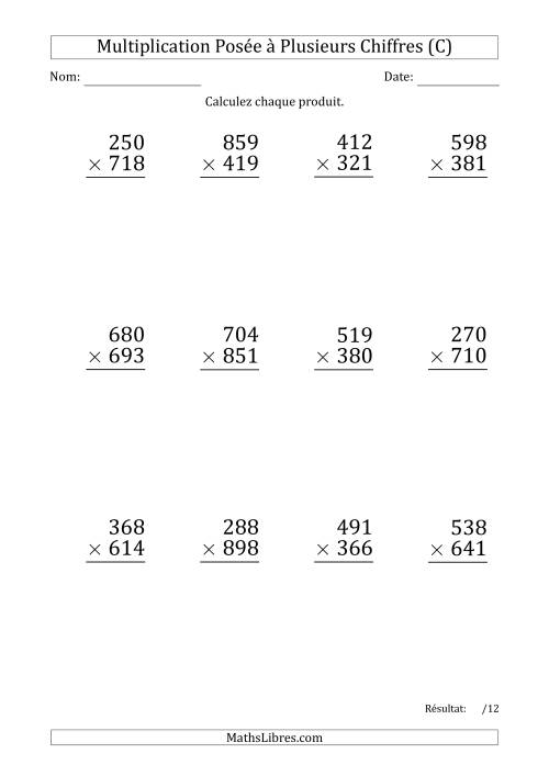 Multiplication d'un Nombre à 3 Chiffres par un Nombre à 3 Chiffres (Gros Caractère) avec une Espace comme Séparateur de Milliers (C)