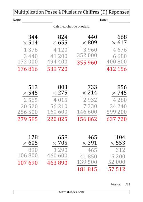 Multiplication d'un Nombre à 3 Chiffres par un Nombre à 3 Chiffres (Gros Caractère) avec une Espace comme Séparateur de Milliers (D) page 2