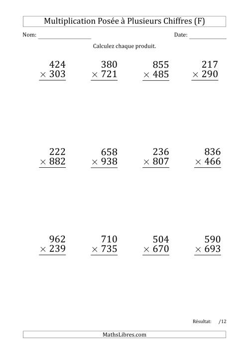 Multiplication d'un Nombre à 3 Chiffres par un Nombre à 3 Chiffres (Gros Caractère) avec une Espace comme Séparateur de Milliers (F)