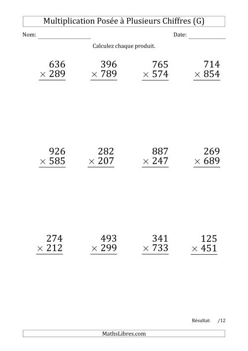 Multiplication d'un Nombre à 3 Chiffres par un Nombre à 3 Chiffres (Gros Caractère) avec une Espace comme Séparateur de Milliers (G)