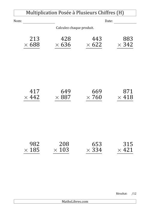 Multiplication d'un Nombre à 3 Chiffres par un Nombre à 3 Chiffres (Gros Caractère) avec une Espace comme Séparateur de Milliers (H)