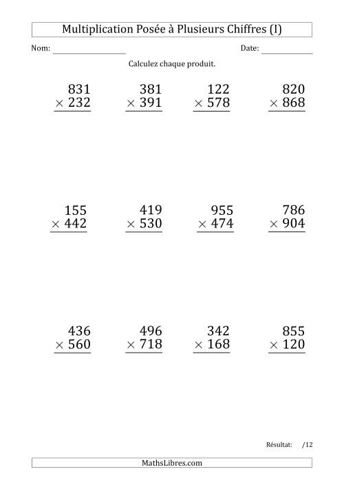Multiplication d'un Nombre à 3 Chiffres par un Nombre à 3 Chiffres (Gros Caractère) avec une Espace comme Séparateur de Milliers (I)