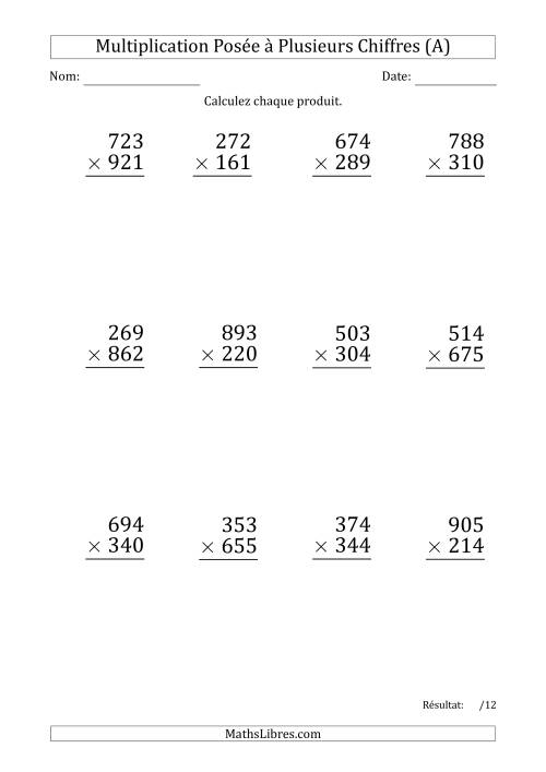 Multiplication d'un Nombre à 3 Chiffres par un Nombre à 3 Chiffres (Gros Caractère) avec une Espace comme Séparateur de Milliers (Tout)