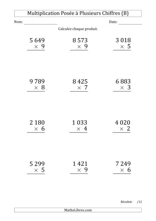 Multiplication d'un Nombre à 4 Chiffres par un Nombre à 1 Chiffre (Gros Caractère) avec une Espace comme Séparateur de Milliers (B)