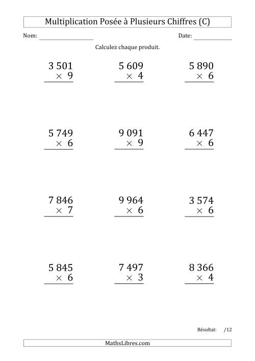Multiplication d'un Nombre à 4 Chiffres par un Nombre à 1 Chiffre (Gros Caractère) avec une Espace comme Séparateur de Milliers (C)
