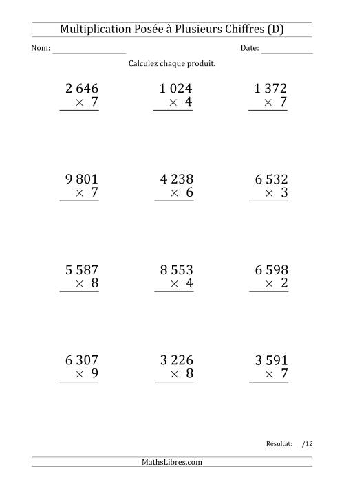 Multiplication d'un Nombre à 4 Chiffres par un Nombre à 1 Chiffre (Gros Caractère) avec une Espace comme Séparateur de Milliers (D)