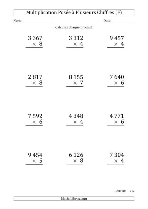 Multiplication d'un Nombre à 4 Chiffres par un Nombre à 1 Chiffre (Gros Caractère) avec une Espace comme Séparateur de Milliers (F)