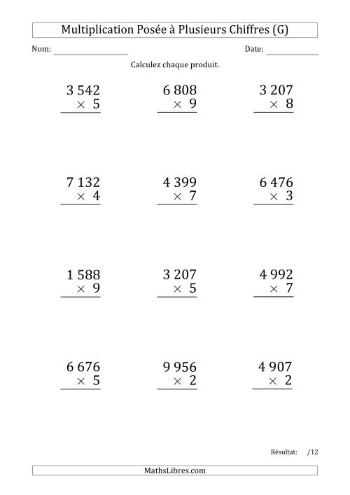 Multiplication d'un Nombre à 4 Chiffres par un Nombre à 1 Chiffre (Gros Caractère) avec une Espace comme Séparateur de Milliers (G)