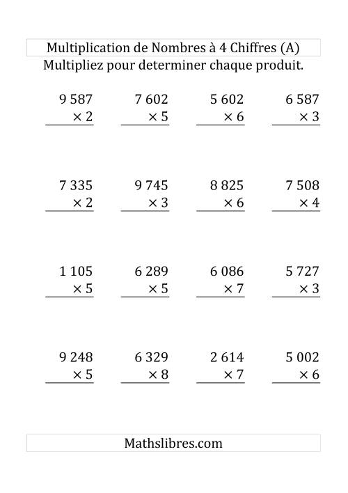 Multiplication de Nombres à 4 Chiffres par des Nombres à 1 Chiffre (Grand Format)