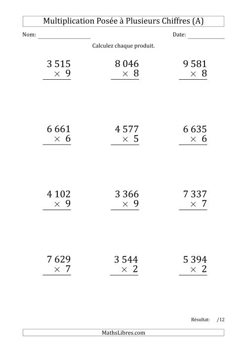 Multiplication d'un Nombre à 4 Chiffres par un Nombre à 1 Chiffre (Gros Caractère) avec une Espace comme Séparateur de Milliers (Tout)