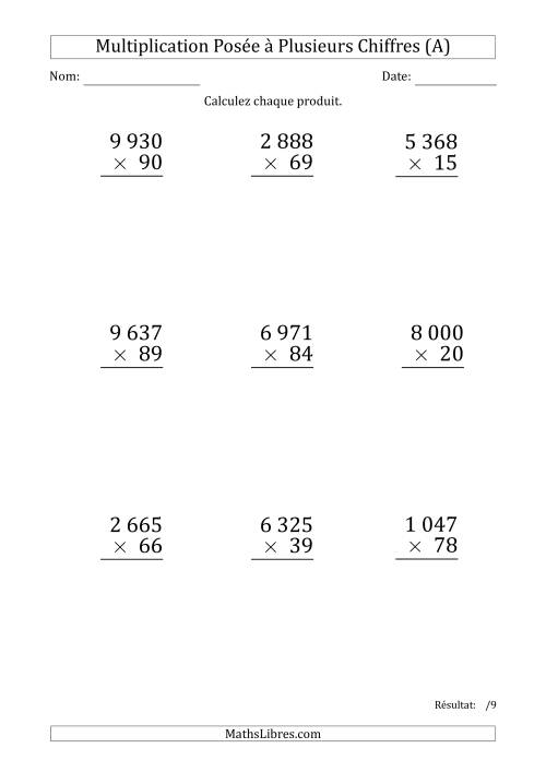 Multiplication d'un Nombre à 4 Chiffres par un Nombre à 2 Chiffres (Gros Caractère) avec une Espace comme Séparateur de Milliers (A)