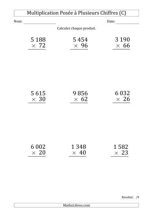 Multiplication d'un Nombre à 4 Chiffres par un Nombre à 2 Chiffres (Gros Caractère) avec une Espace comme Séparateur de Milliers (C)